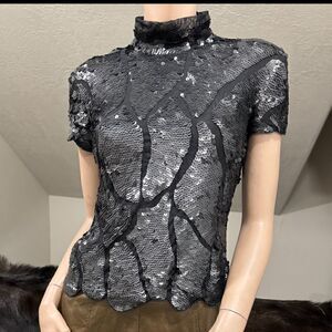 Elegant Black Matte Sequins Top Mock Neck Short Sleeve Shirt